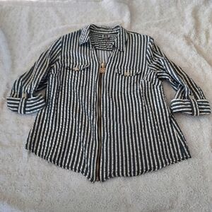 Anne Klein Gray Gold White Striped Top Metallic Accents Coastal Resort Old Money